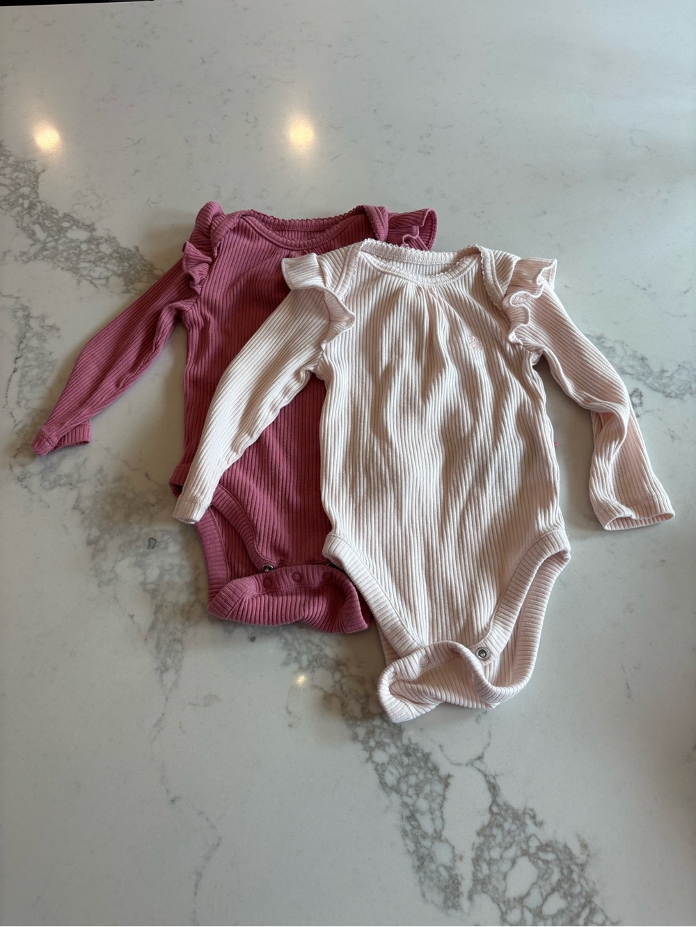 GAP Ribbed Ruffle Long-Sleeve One-Pieces - Rose & Light Pink